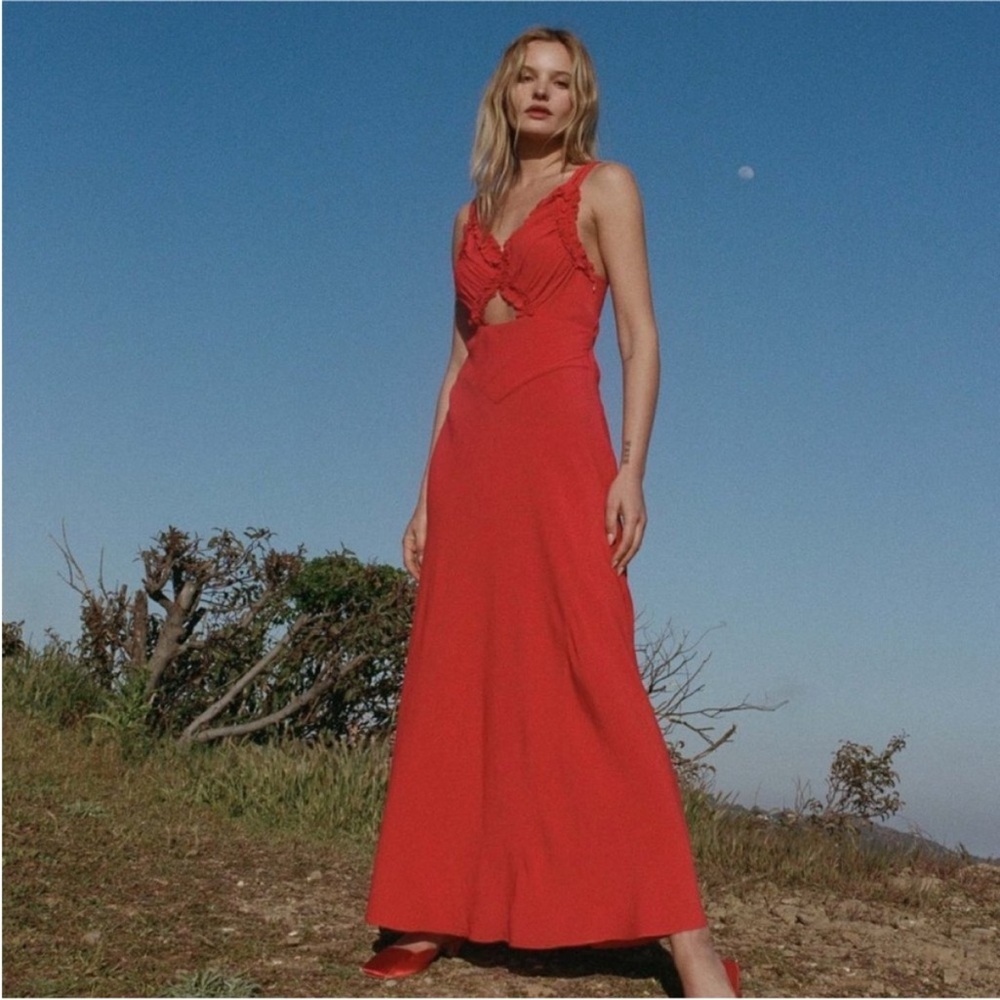 Doen Amoretta Maxi Dress Tigerlily Red V-Neck Ruffled Cut Out Size XXS NEW